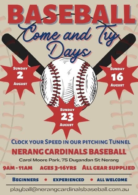 Baseball Come and Try Days — Sundays 2, 16 & 23 August 2026, 9am–11am at Terry & Carol Moore Park